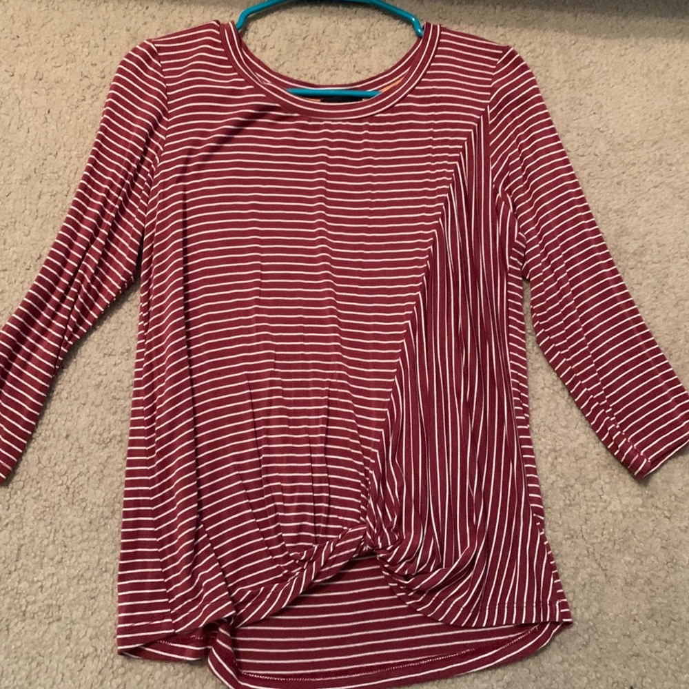 maroon and white striped shirt with knot